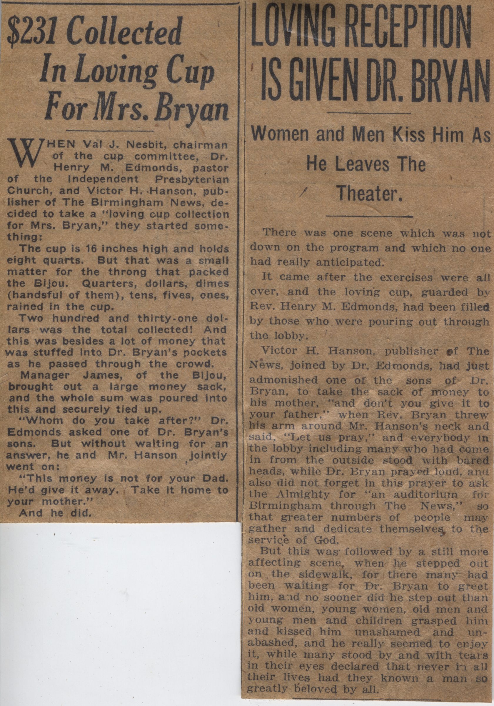 Loving Reception Is Given Dr. Bryan | $231 Collected In Loving Cup for Mrs. Bryan